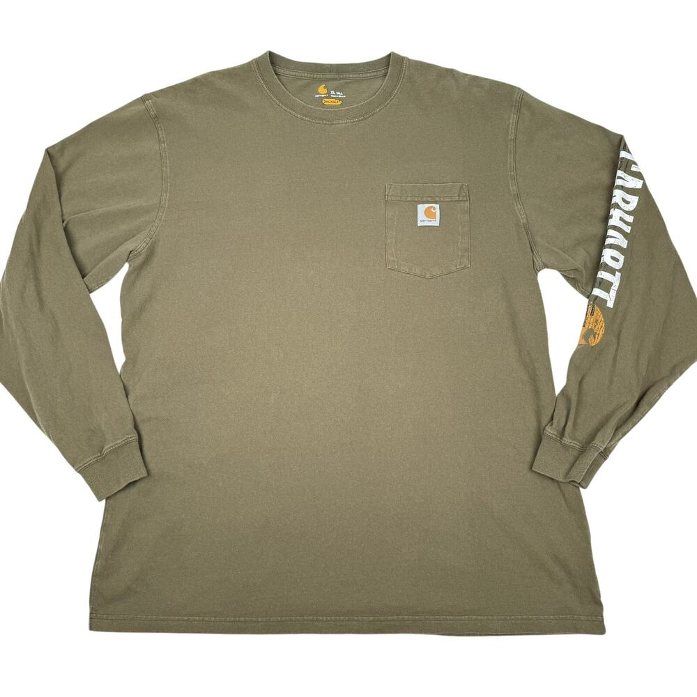 Carhartt Long Sleeve Pocket T-Shirt Olive Logo Arm Sleeve Sz XL Tall